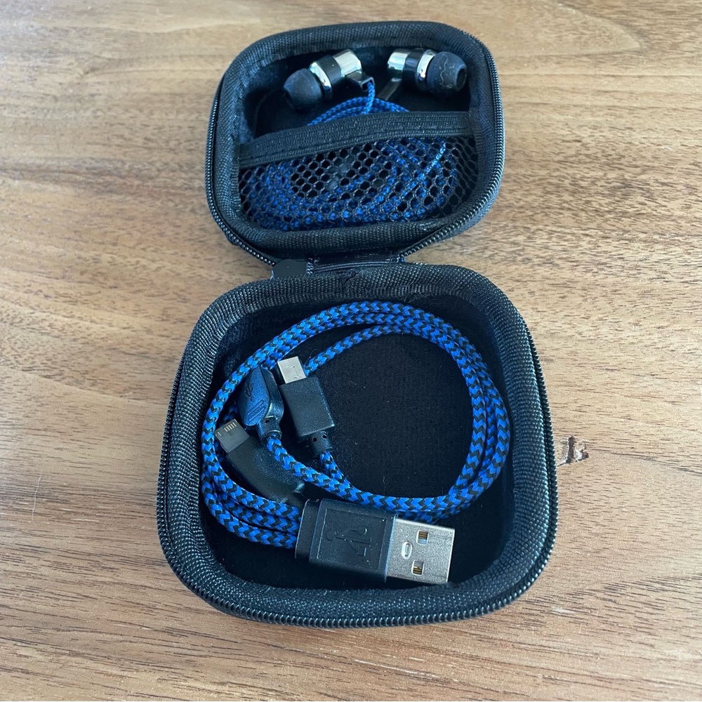 Set of charging cables and earphones with case